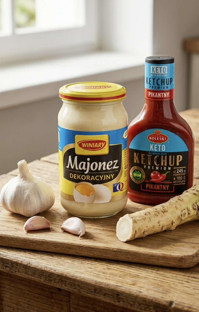 Składniki na domowy sos keto: majonez, ketchup keto, czosnek i chrzan - Keto za kółkiem